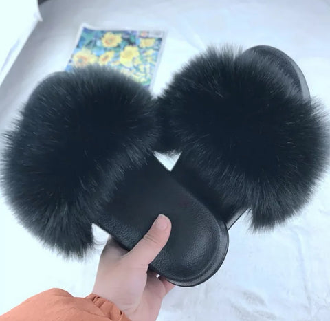 Black Soft Faux Fur Slides